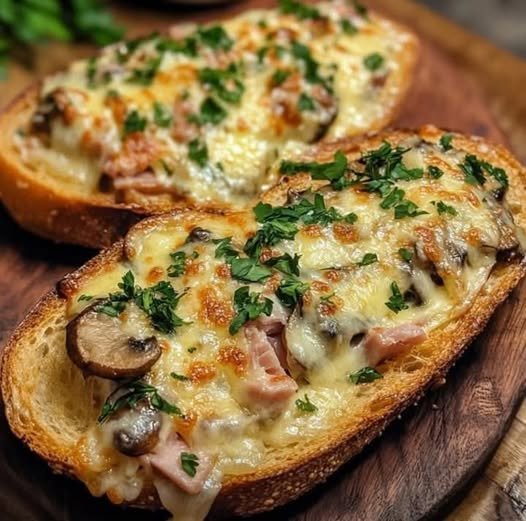 Baguette Toast with Mushrooms, Ham, and Melted Cheese