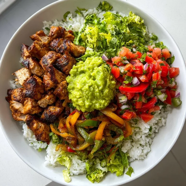 Chicken Fajita Rice Bowl with guacamole and fresh salsa on a plate.