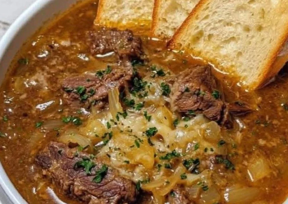 Delicious French Onion Beef Short Rib Soup served in a rustic bowl