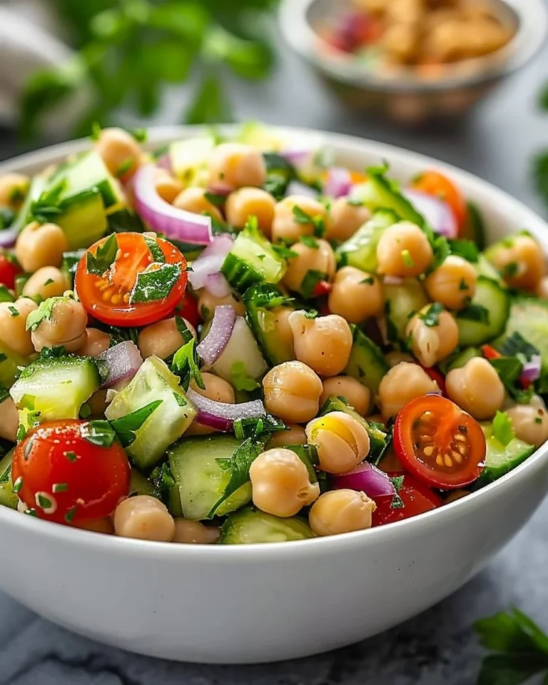 Fresh chickpea cucumber tomato salad with vibrant ingredients