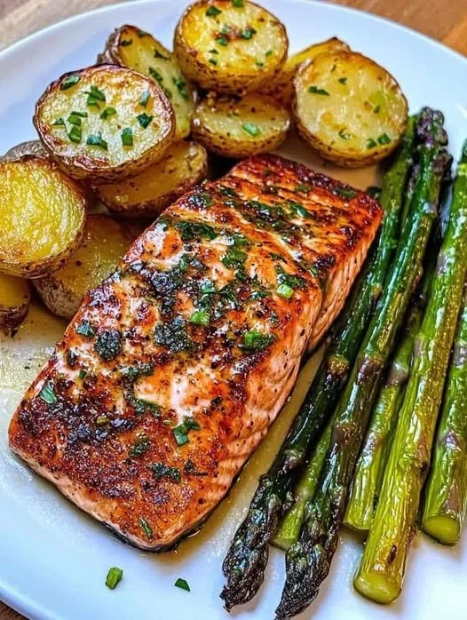 Grilled salmon served with asparagus and baby potatoes on a plate