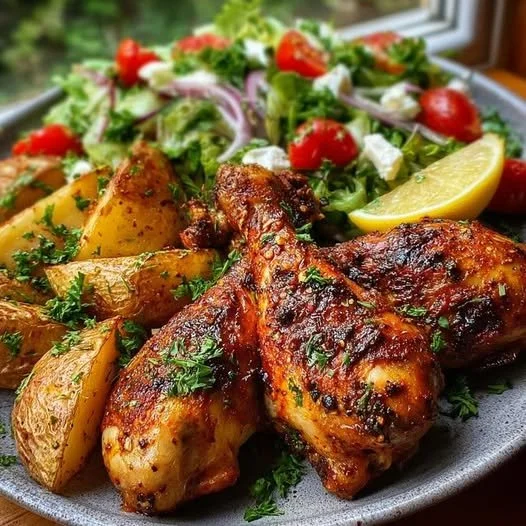 Herb paprika roast chicken served with crispy potatoes and a fresh garden salad.