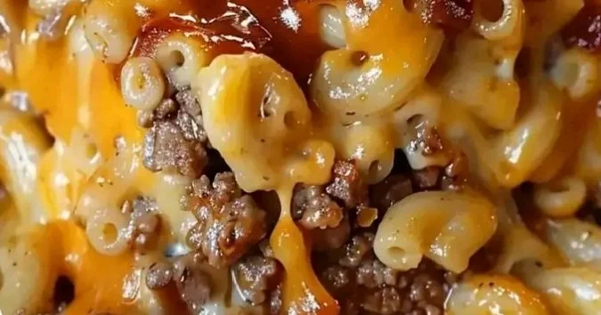 Meatloaf topped with creamy mac and cheese, served on a plate.