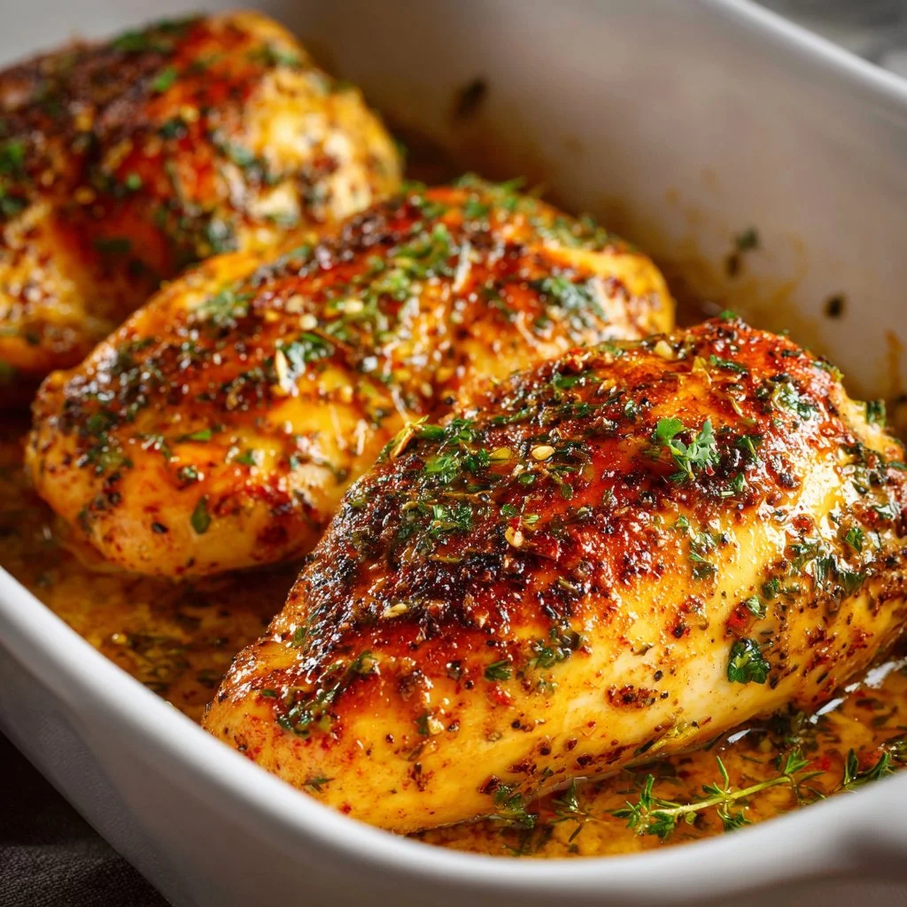 Delicious oven baked chicken breast served on a plate with herbs and spices.