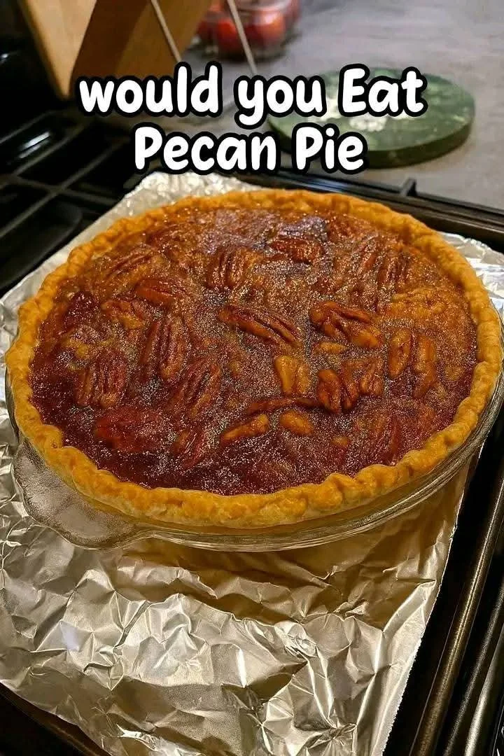 Delicious homemade pecan pie topped with golden pecans and served on a rustic table.
