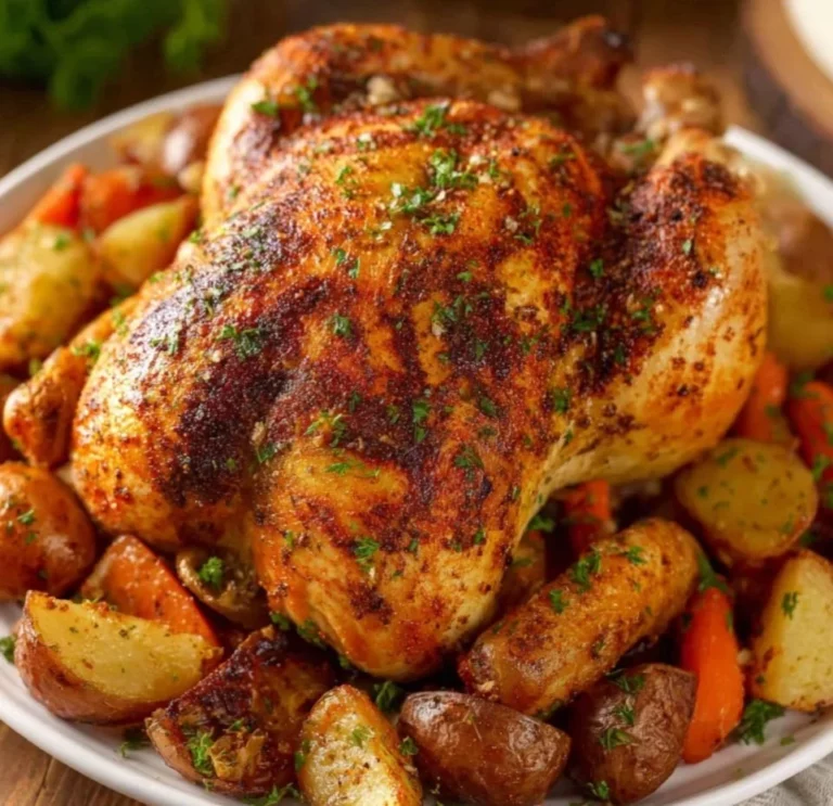 Perfectly roasted whole chicken with potatoes and carrots, golden and delicious.