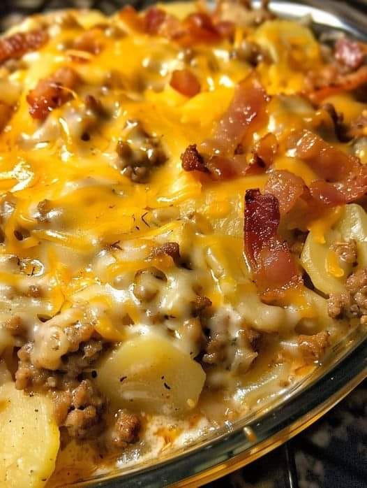 Cheesy Scalloped Potato and Ground Beef Bake