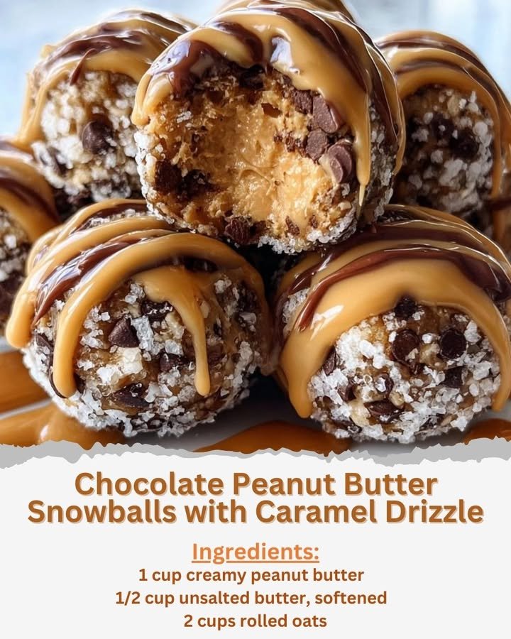 Chocolate Peanut Butter Snowballs with Caramel Drizzle
