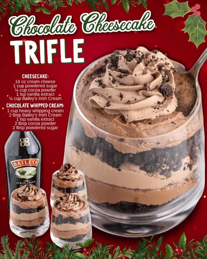 Baileys Chocolate Cheesecake Trifle with layers of chocolate and creamy cheesecake