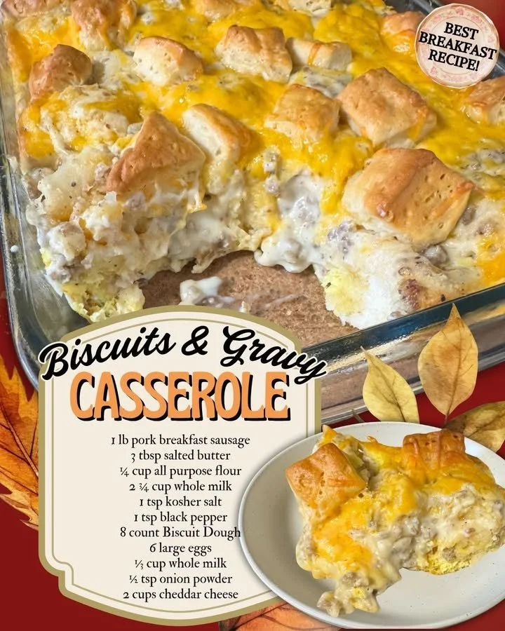 Delicious Biscuits & Gravy Casserole ready to be served for breakfast