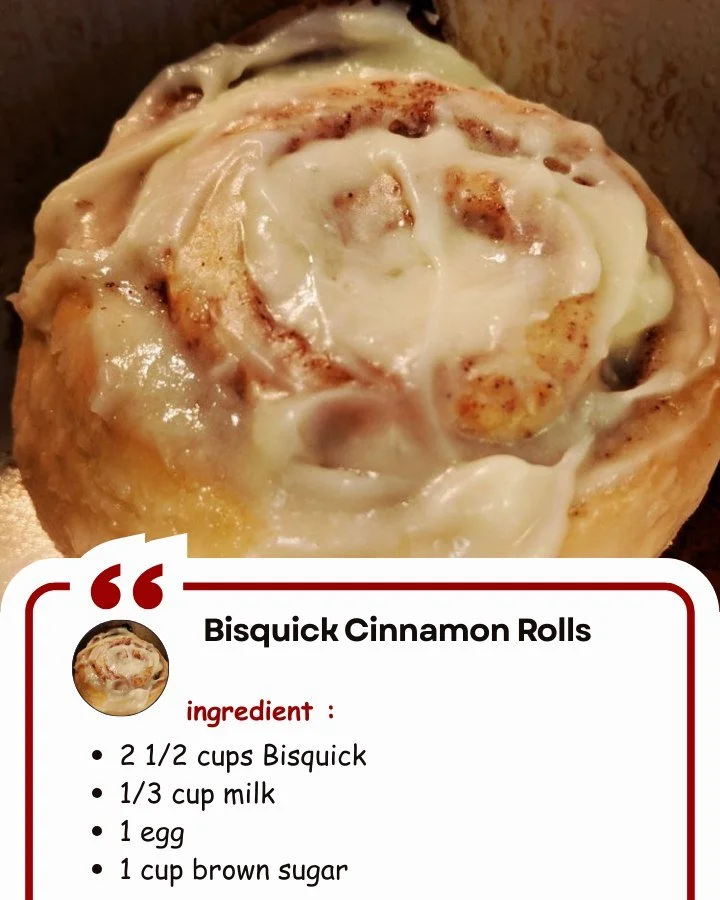 Freshly baked Bisquick cinnamon rolls drizzled with icing