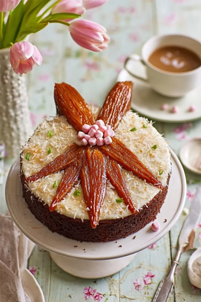 A whimsical Bunny Carrot Cake decorated with carrots and bunny figurines, perfect for Easter.