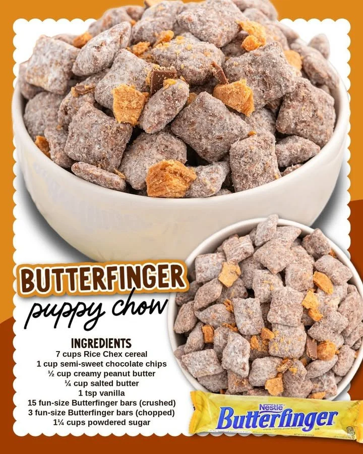 Bowl of Butterfinger Puppy Chow with chocolate and peanut butter snacks
