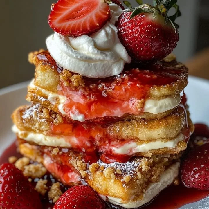Cheesecake stuffed strawberry shortcake French toast served on a plate