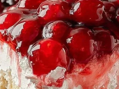 Delicious Cherry Angel Food dessert topped with fresh cherries