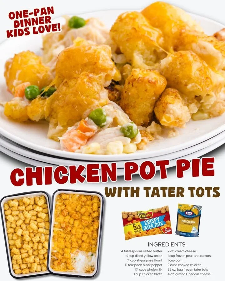 Delicious Chicken Pot Pie Casserole topped with crispy tater tots