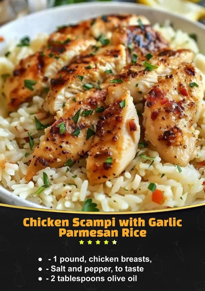 Delicious Chicken Scampi with Garlic Parmesan Rice served on a plate