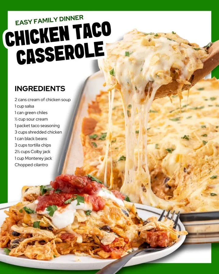 Chicken Taco Casserole served in a dish with garnishes on top