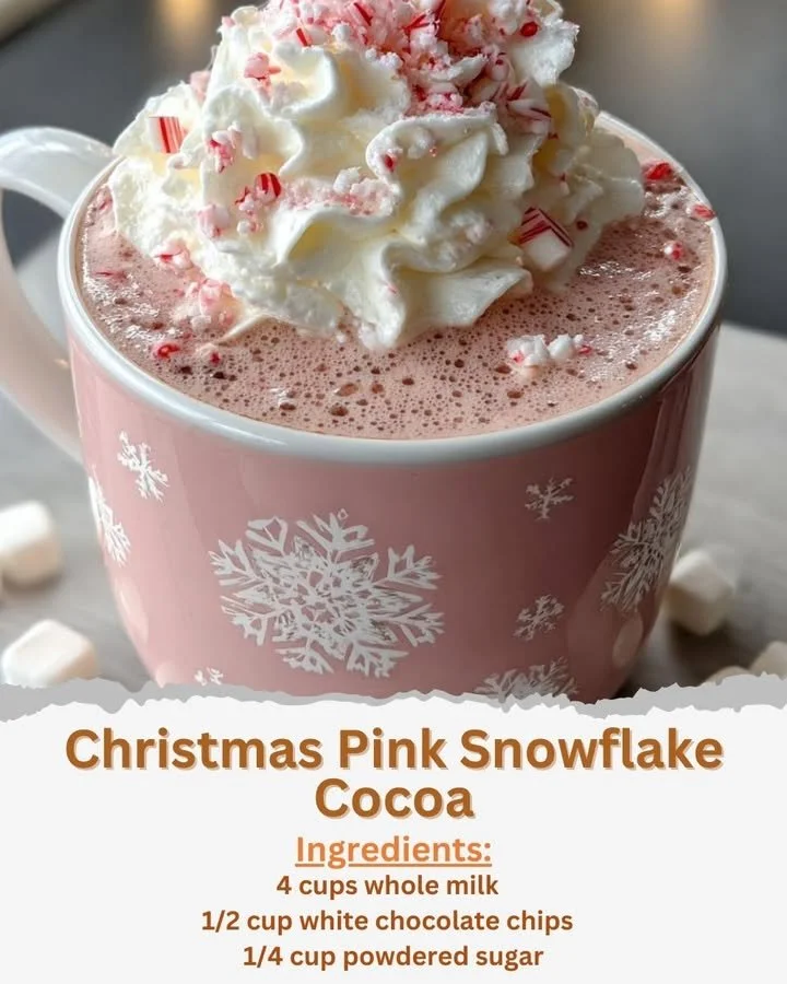 Delicious Christmas Pink Snowflake Cocoa in a festive mug with pink snowflakes