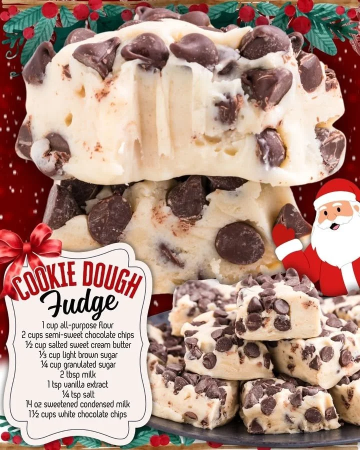 Delicious homemade cookie dough fudge topped with chocolate chips