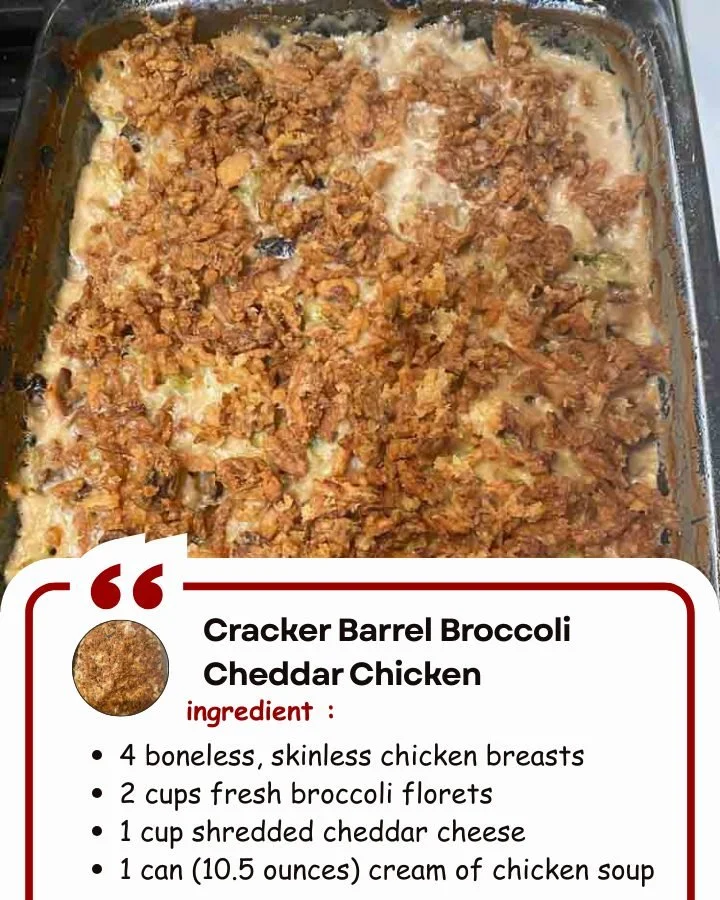 Delicious Cracker Barrel Broccoli Cheddar Chicken served with broccoli and cheese