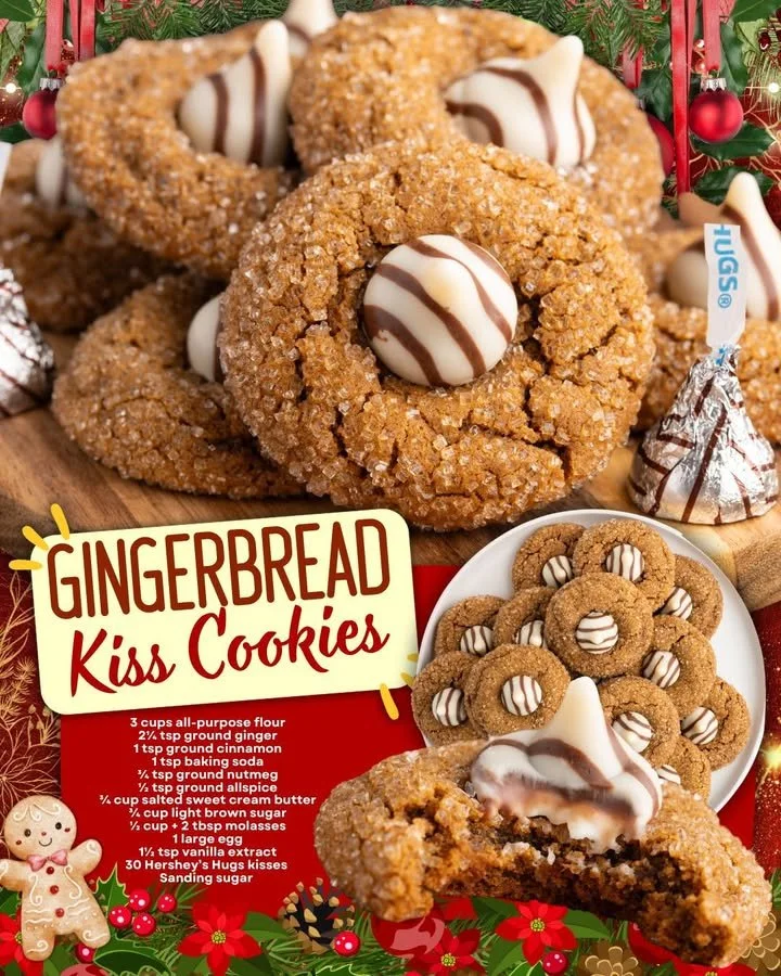 Delicious Gingerbread Kiss Cookies topped with chocolate kisses for a festive treat.