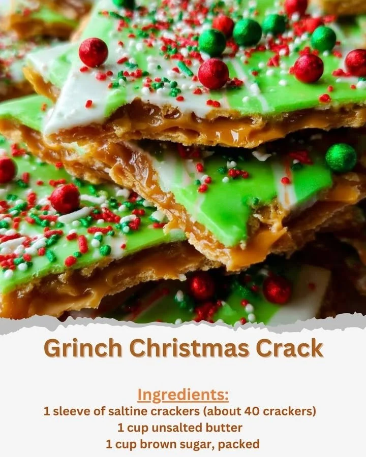 Delicious Grinch Christmas Crack dessert decorated for the holidays