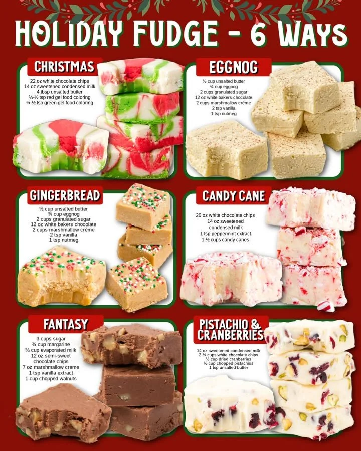 Assorted holiday fudge varieties on a festive table