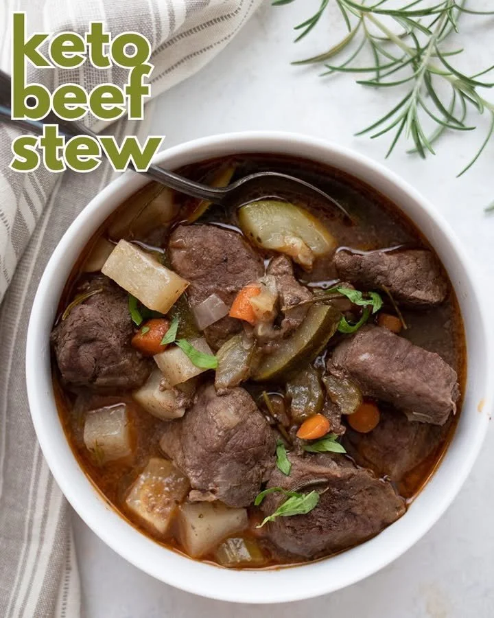 Delicious Keto Beef Stew in a bowl, a healthy low-carb meal option.
