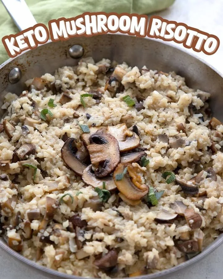 Delicious Keto Mushroom Risotto served in a bowl, garnished with herbs.