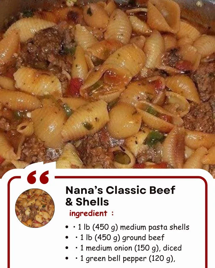 Delicious bowl of Nana's classic beef & shells, a comforting family recipe.