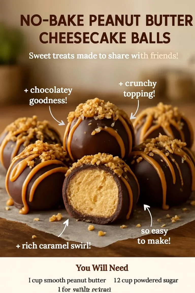 Delicious no-bake peanut butter cheesecake balls topped with chocolate drizzle