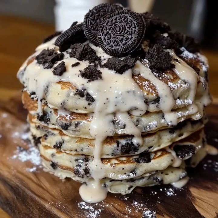 Delicious Oreo pancakes drizzled with creamy cheese icing on a plate