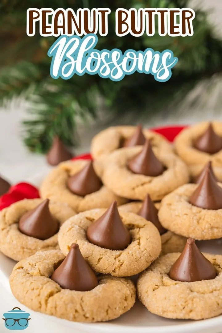 Delicious Peanut Butter Blossoms cookies with chocolate kisses on top