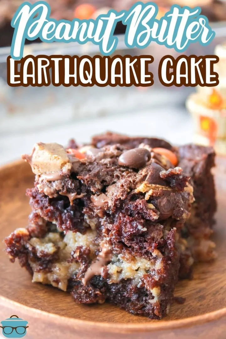 Delicious Peanut Butter Earthquake Cake with chocolate and peanut butter layers
