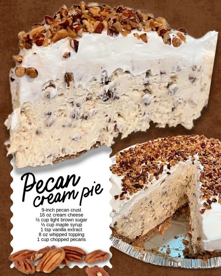 Delicious pecan cream pie topped with whipped cream and pecan nuts