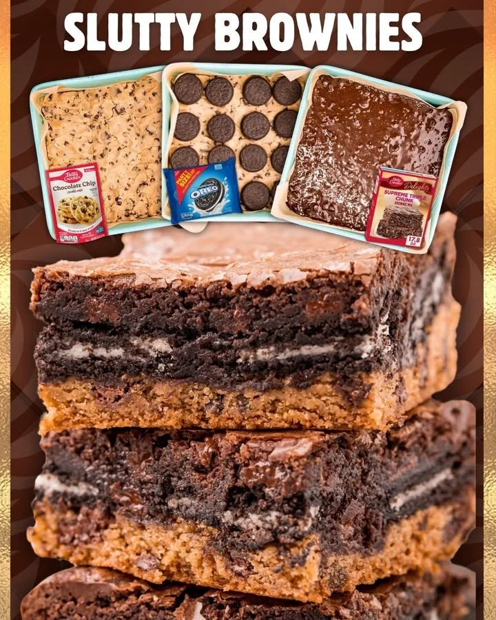 Delicious slutty brownies with layers of cookie dough, Oreos, and chocolate brownie batter.