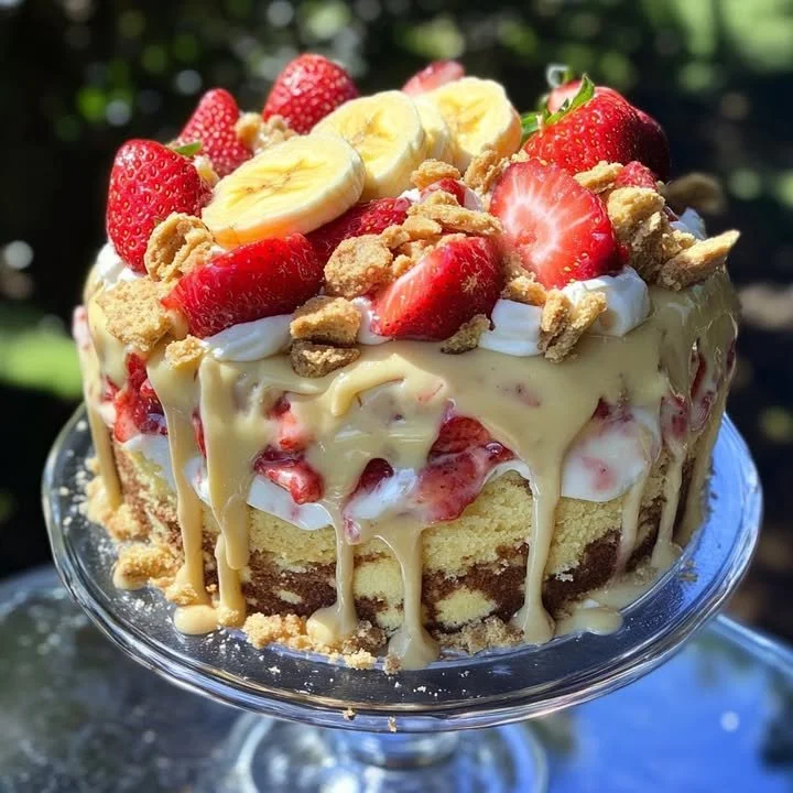 Delicious Strawberry Banana Pudding Cake with Banana Cream Icing
