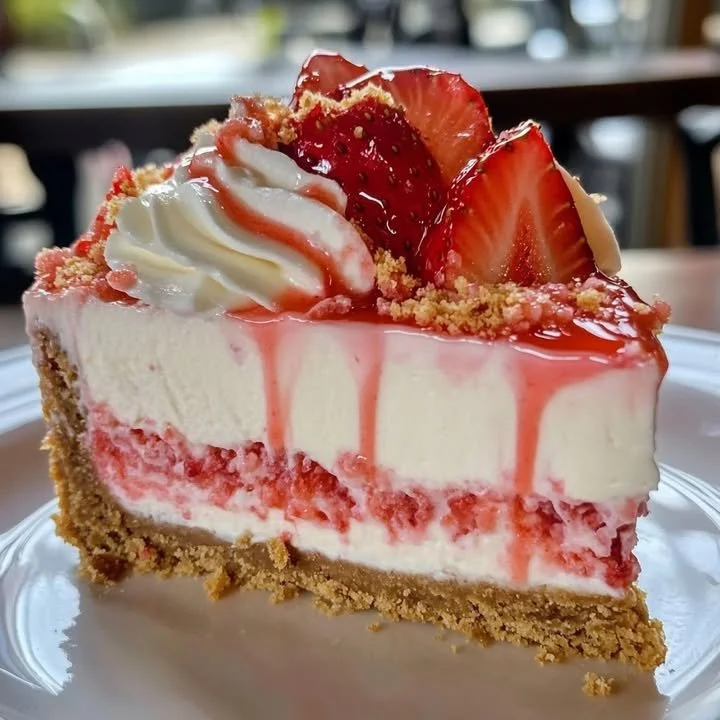 Delicious homemade strawberry cheesecake topped with fresh strawberries