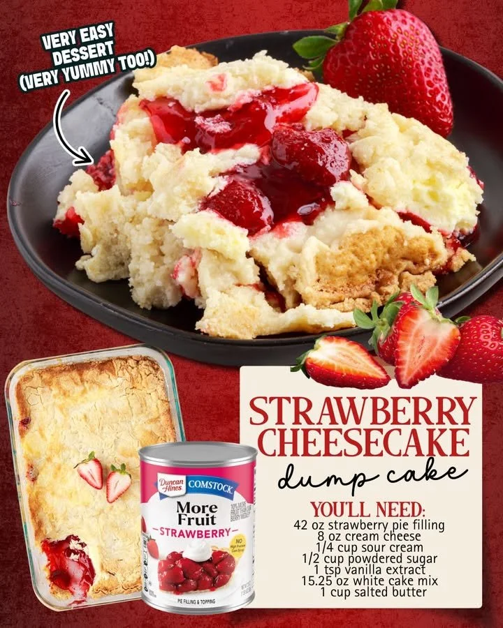 Deliciously layered strawberry cheesecake dump cake with fresh strawberries and creamy filling.