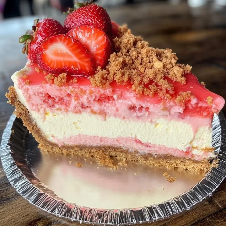 Delicious strawberry cheesecake with a crunchy strawberry crumb topping on a plate