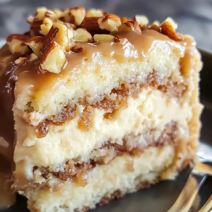 Delicious White German Chocolate Cake featuring a creamy cheesecake center